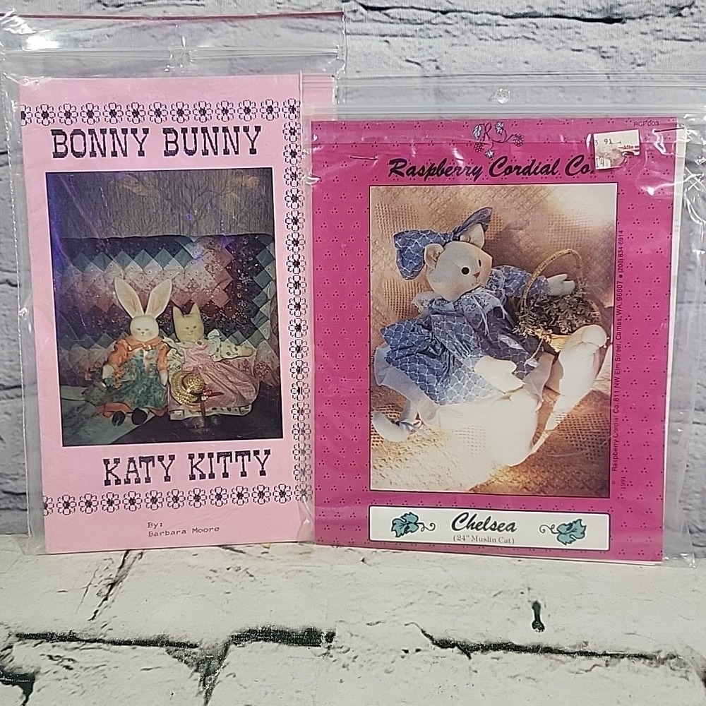 Vintage‎ Decorative Plush Craft Patterns Lot 2 Bonny Bunny Katy Kitty Muslin Cat